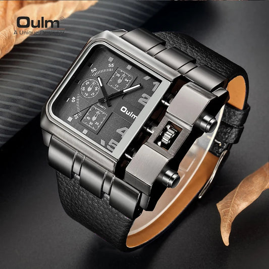 Rectangle men's watch bold design by Alcom Distribution with black leather strap and metal case