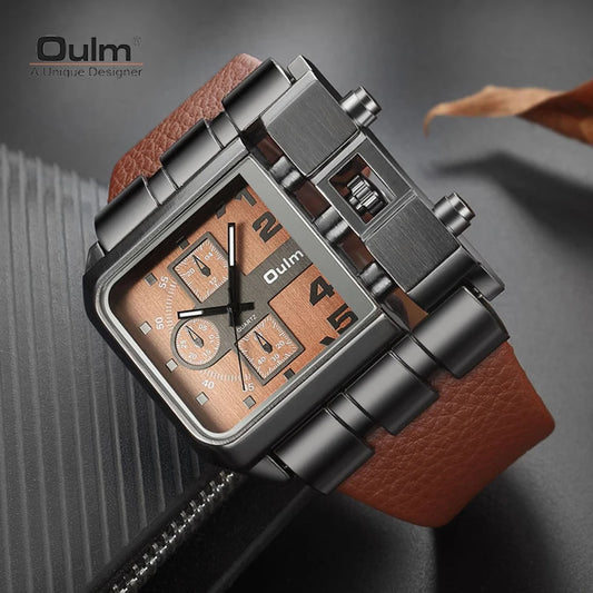 Rectangle men's watch bold design by Alcom Distribution with metal case and brown leather strap