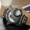 Stylish travel watches for men with dual time dials and black leather strap by Alcom Distribution