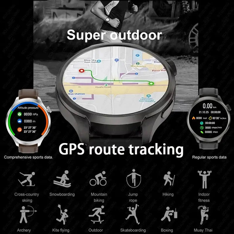 Alcom Distribution outdoor GPS smartwatch showing GPS route tracking and sports data for multiple activities