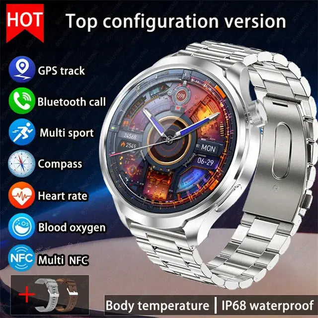 Alcom Distribution outdoor GPS smartwatch with metal band showing GPS track, heart rate, and blood oxygen