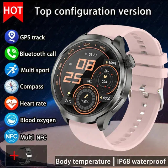 Alcom Distribution outdoor GPS smartwatch with pink band featuring GPS track, heart rate, and IP68 waterproof
