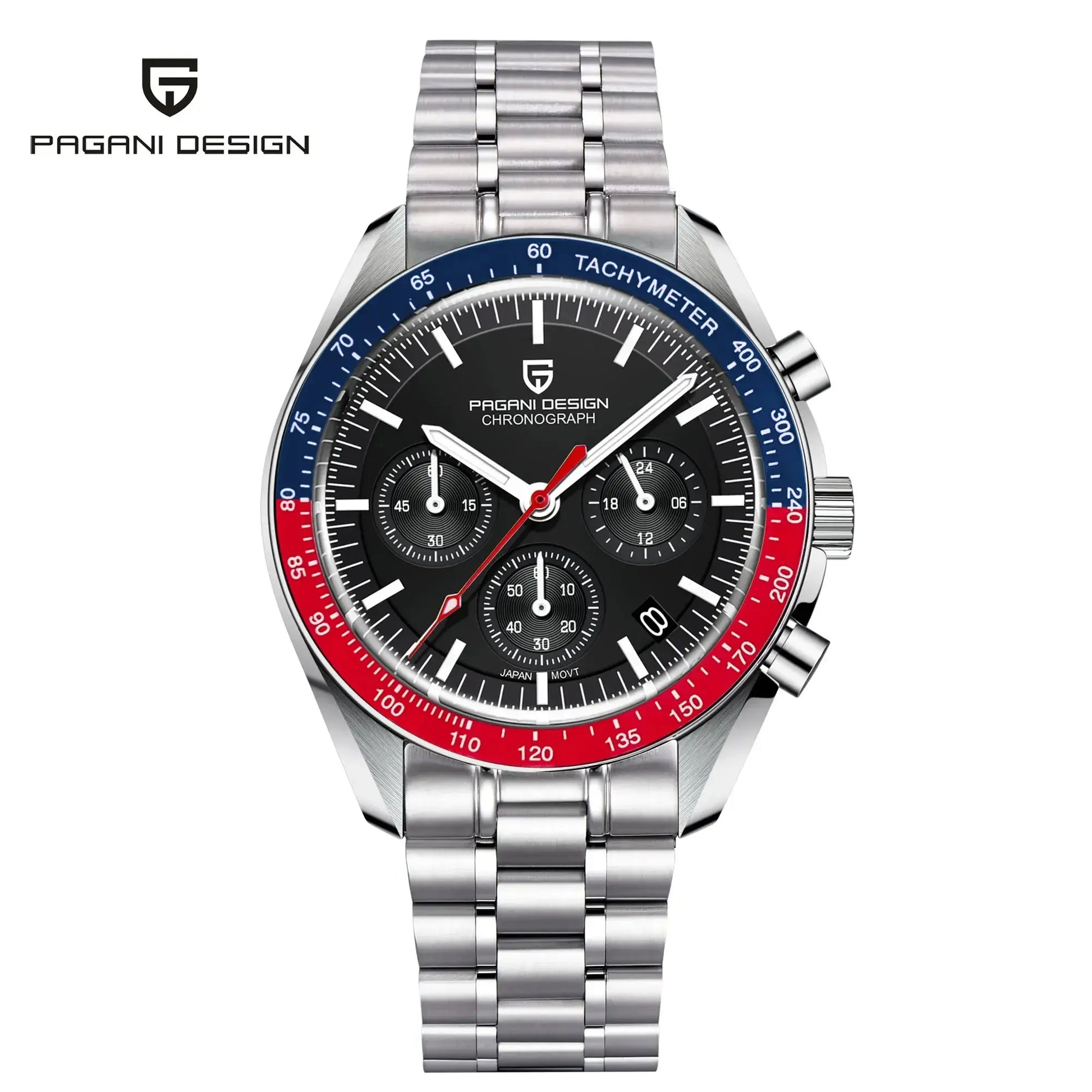 Pagani Design chronograph watch with black dial, red and blue tachymeter bezel, and stainless steel bracelet