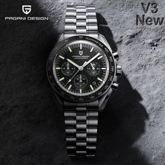 Pagani Design chronograph watch with black dial and silver stainless steel bracelet by Alcom Distribution