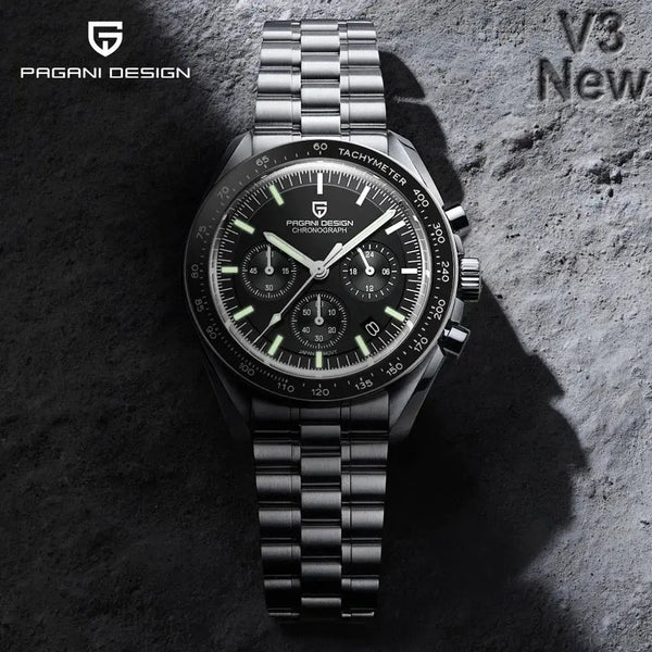 Pagani Design chronograph watch with black dial and silver stainless steel bracelet by Alcom Distribution