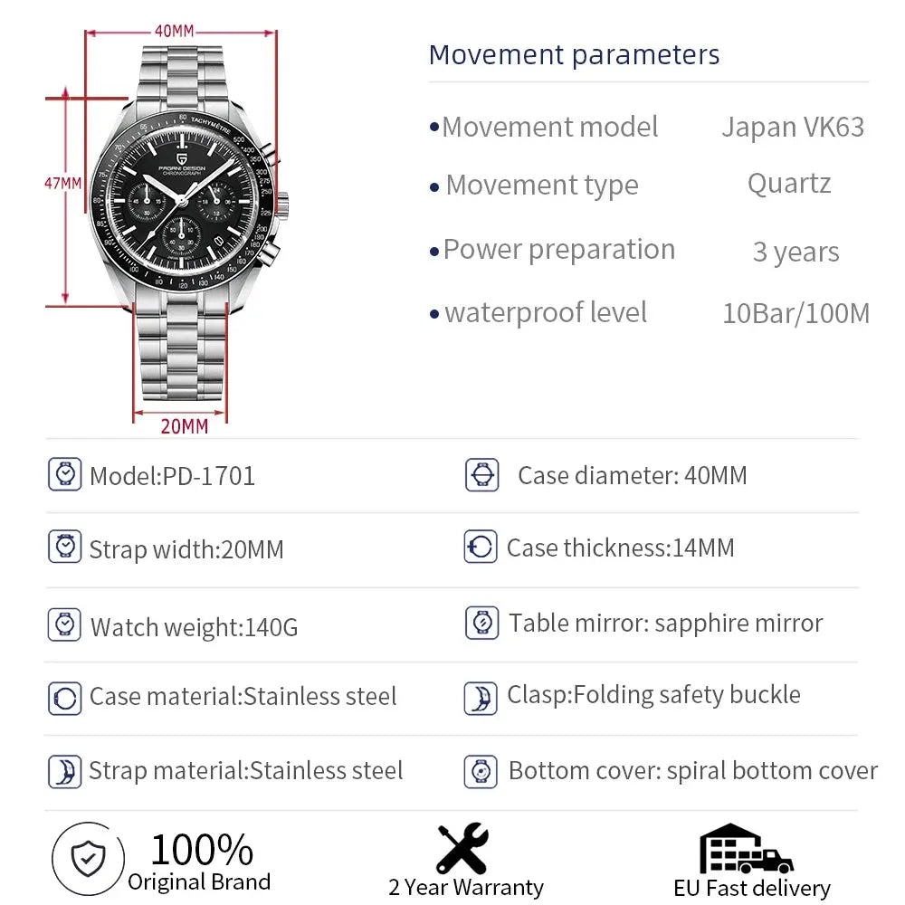 Pagani Design chronograph watch stainless steel case and strap with quartz movement and sapphire mirror