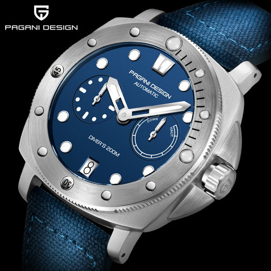 Pagani Design diver watch with blue dial and stainless steel case on blue fabric strap