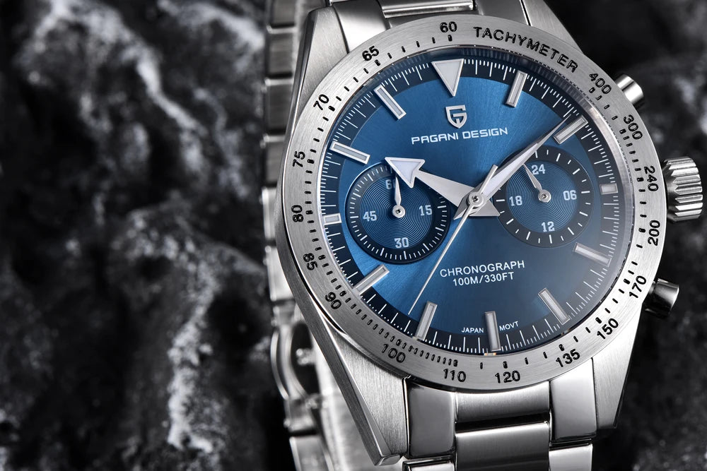 Pagan Design luxury moon phase watch for men with a blue dial and stainless steel strap