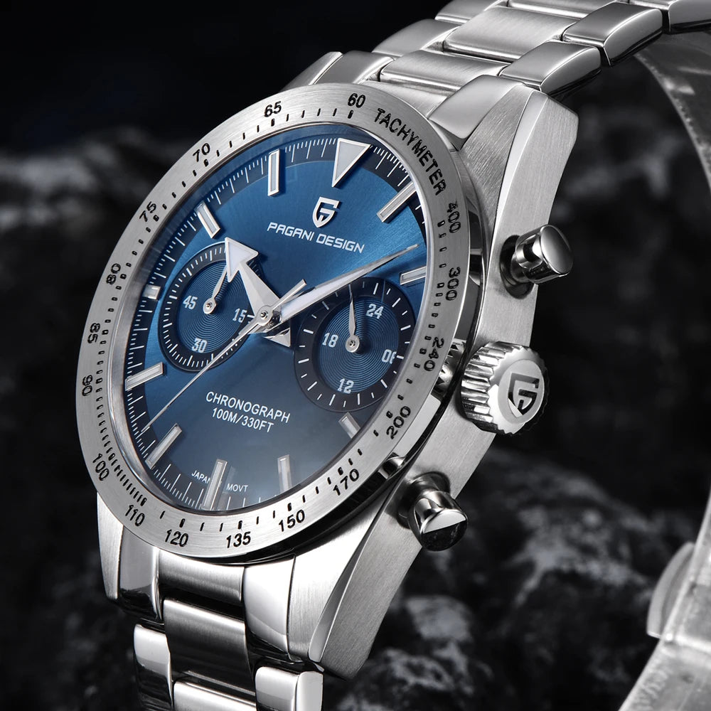 Luxury moon phase watch for men with a blue dial and stainless steel chronograph design