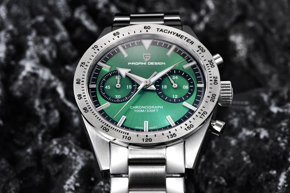 Luxury moon phase watch for men featuring a green dial and stainless steel case with chronograph functionality