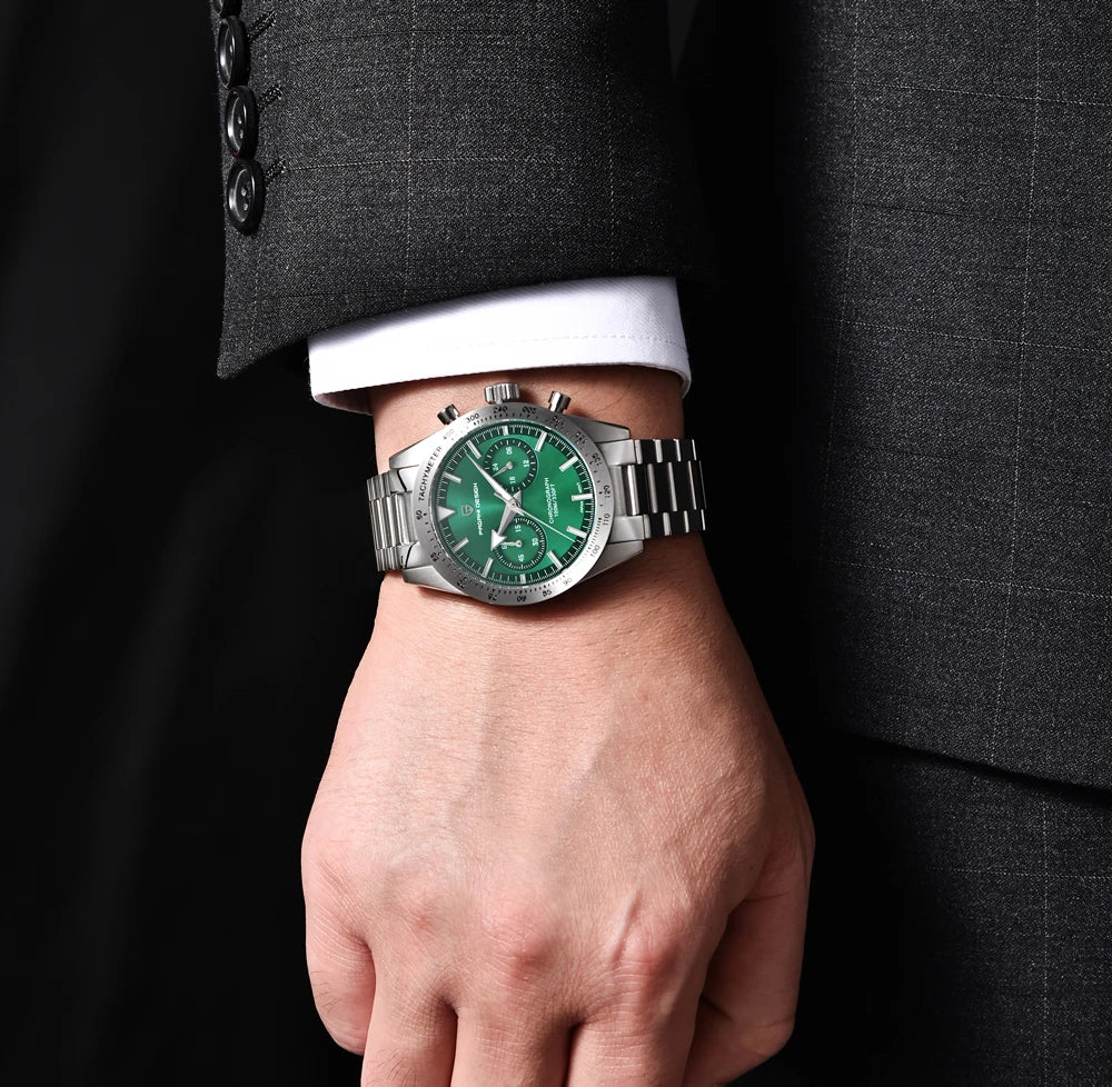 Men's luxury moon phase watch for men with a green dial and stainless steel bracelet
