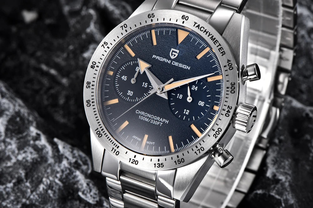 Luxury moon phase watch for men with a stainless steel band and chronograph features