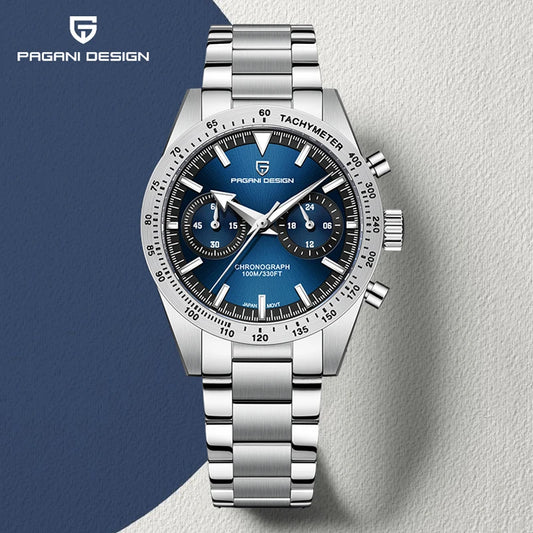 Pagani Design luxury moon phase watch for men with stainless steel bracelet and blue chronograph dial