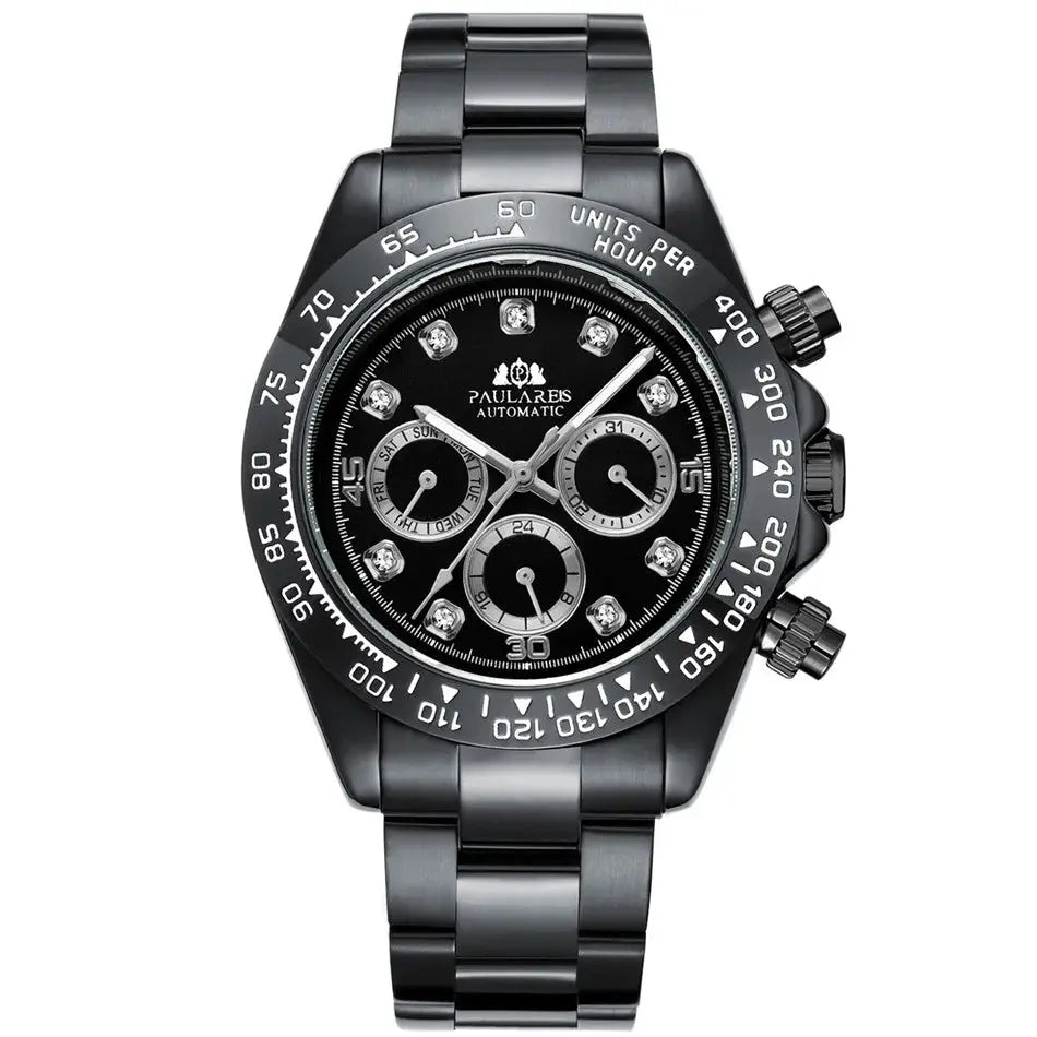 Black waterproof stainless steel chronograph watch with automatic movement and stylish design