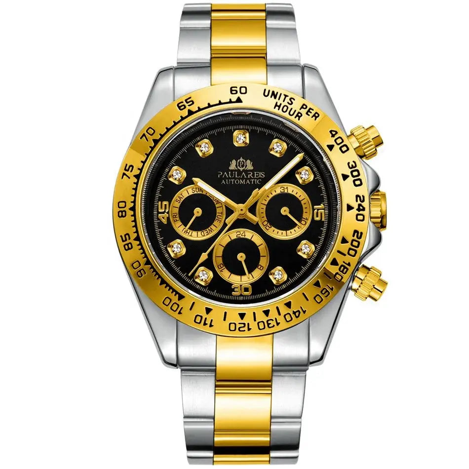 Gold and silver stainless steel chronograph watch with a black face, waterproof stainless steel chronograph watch