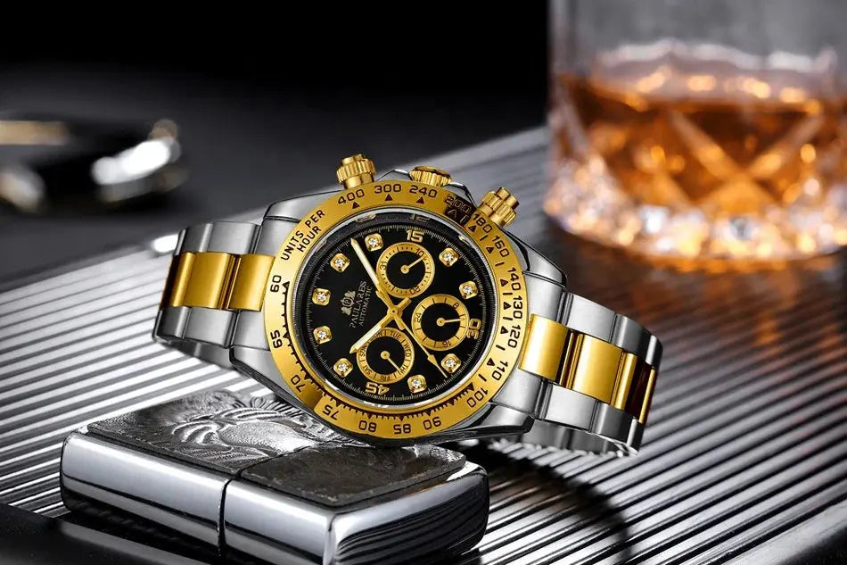 Stylish waterproof stainless steel chronograph watch with a black dial and gold accents