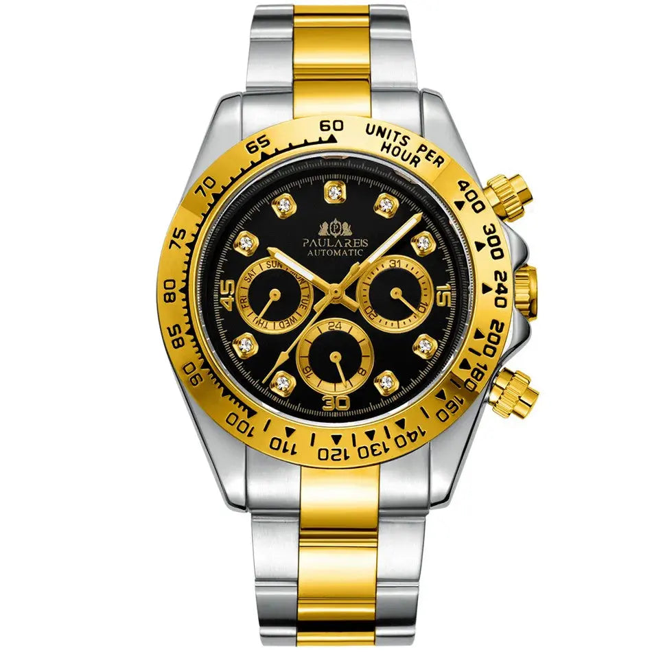 Stylish waterproof stainless steel chronograph watch with gold and black dial and diamond accents