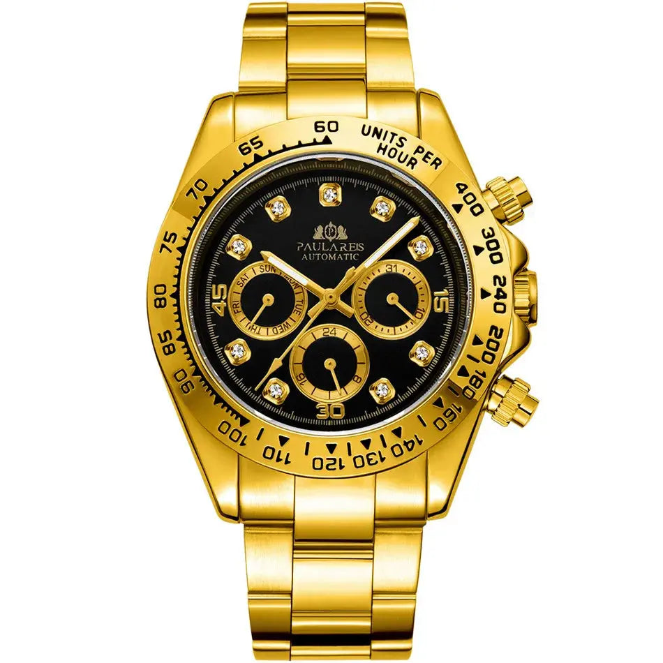 Luxury gold waterproof stainless steel chronograph watch with diamond accents and a black dial