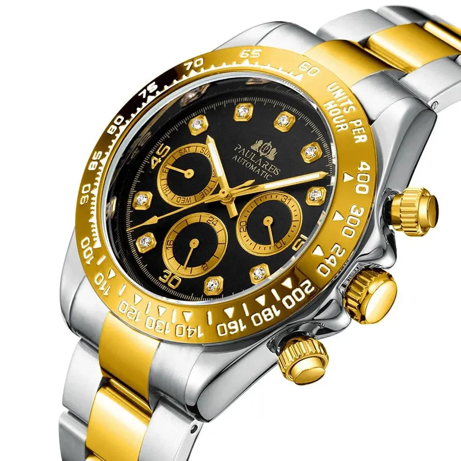 Stylish waterproof stainless steel chronograph watch with gold accents and luminous dial