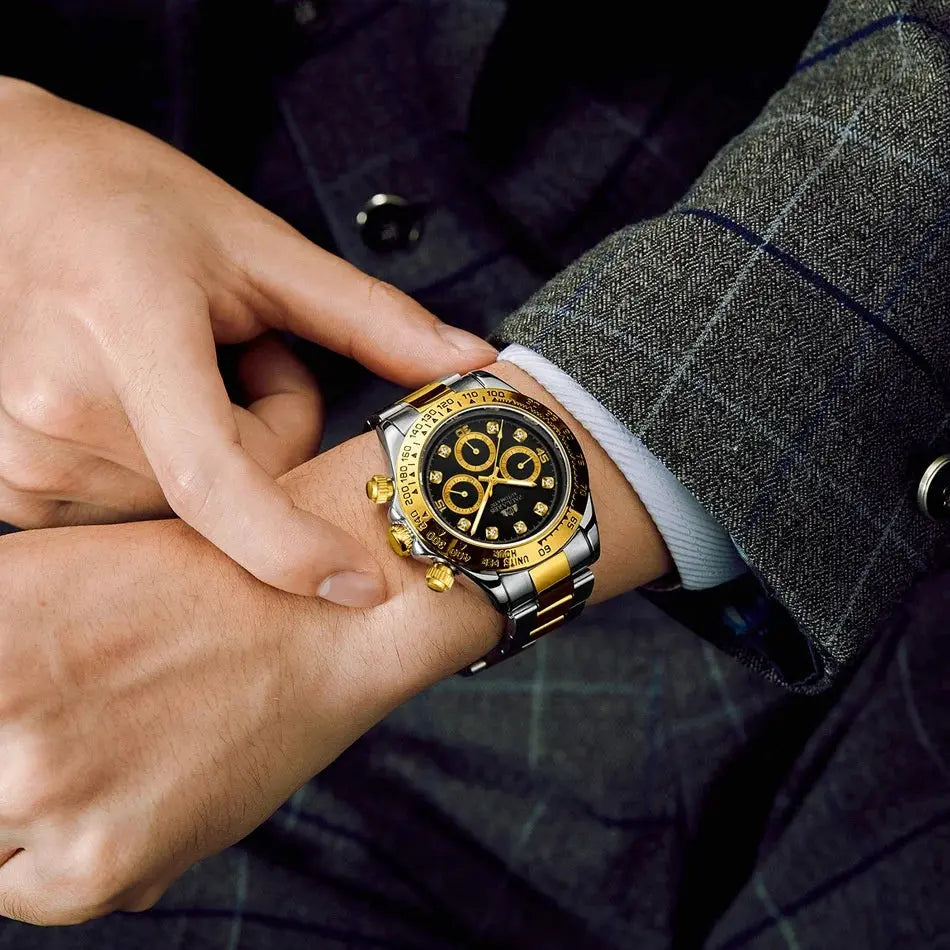 Stylish waterproof stainless steel chronograph watch worn with a formal outfit featuring a patterned suit jacket