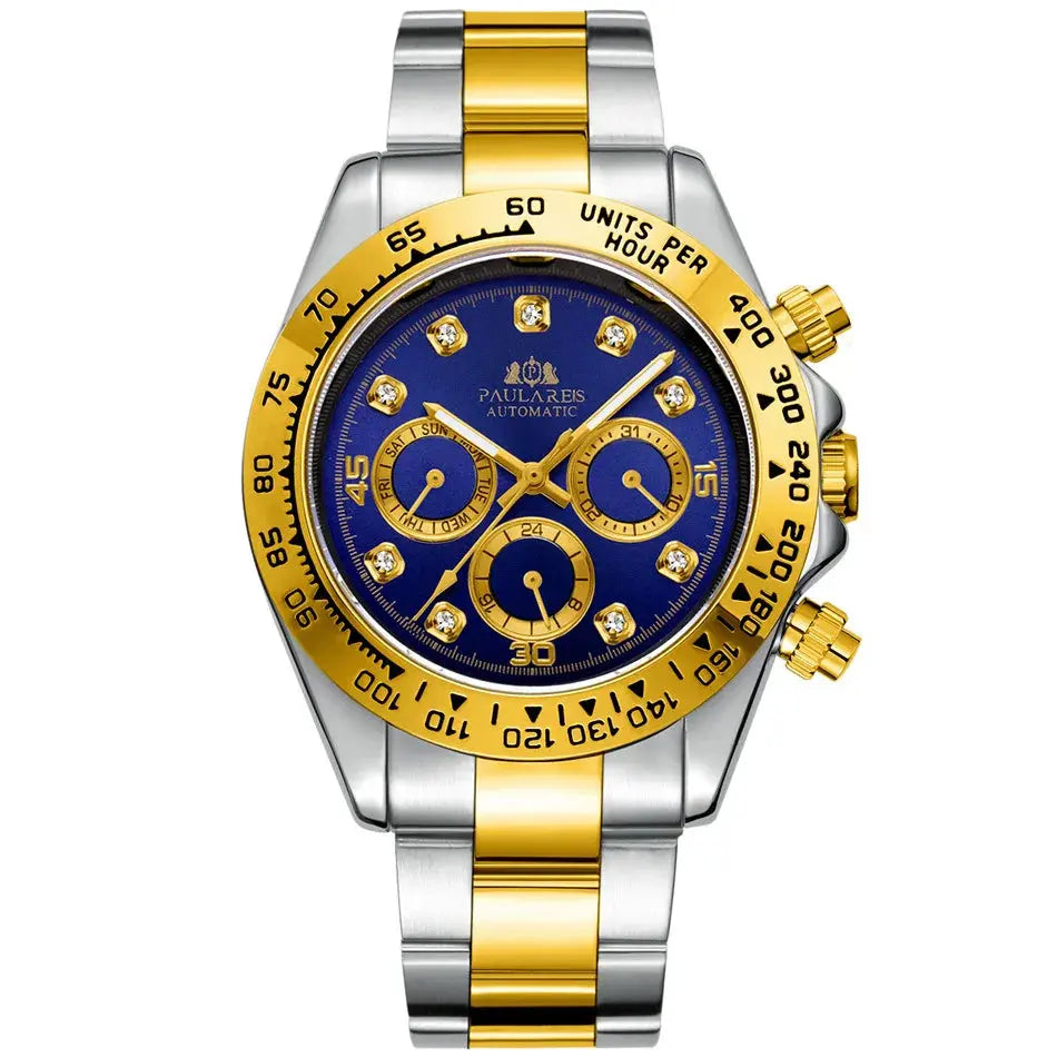 Luxury waterproof stainless steel chronograph watch with blue dial and gold accents