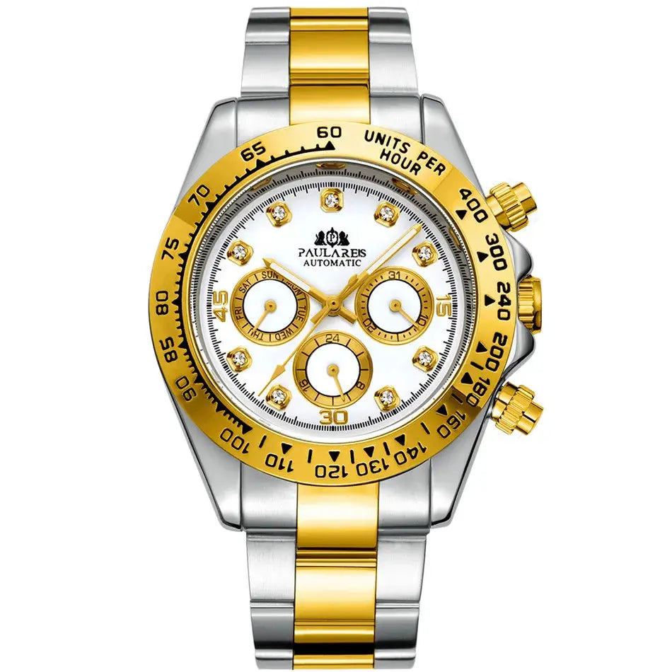 Stylish waterproof stainless steel chronograph watch with gold and silver accents and a white dial