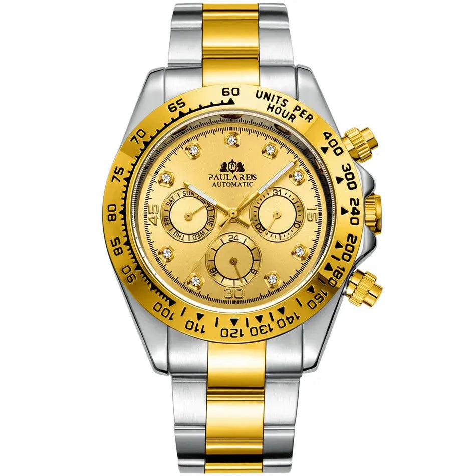 Gold and silver waterproof stainless steel chronograph watch with three sub-dials and date function