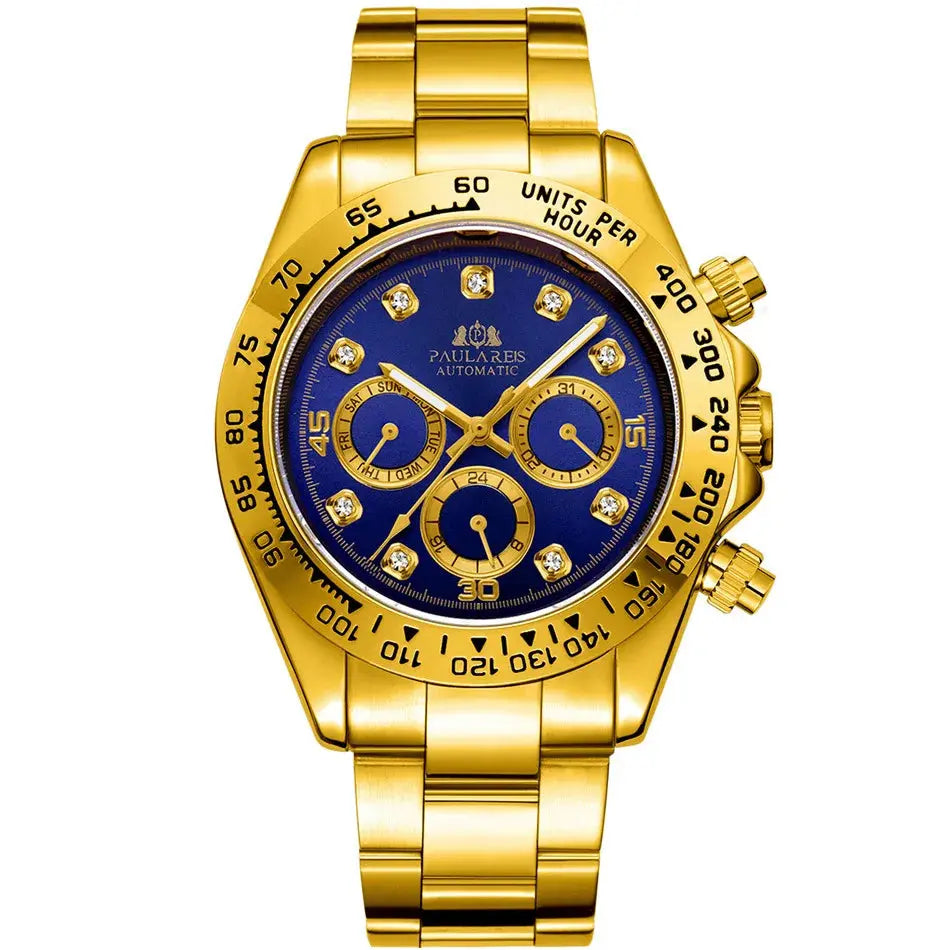 Gold stainless steel chronograph watch with blue dial, waterproof stainless steel chronograph watch design