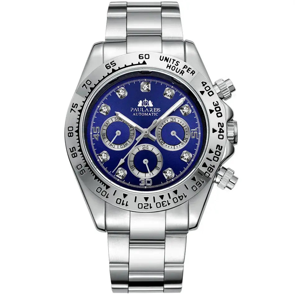Waterproof stainless steel chronograph watch with blue dial and diamond accents for stylish timekeeping