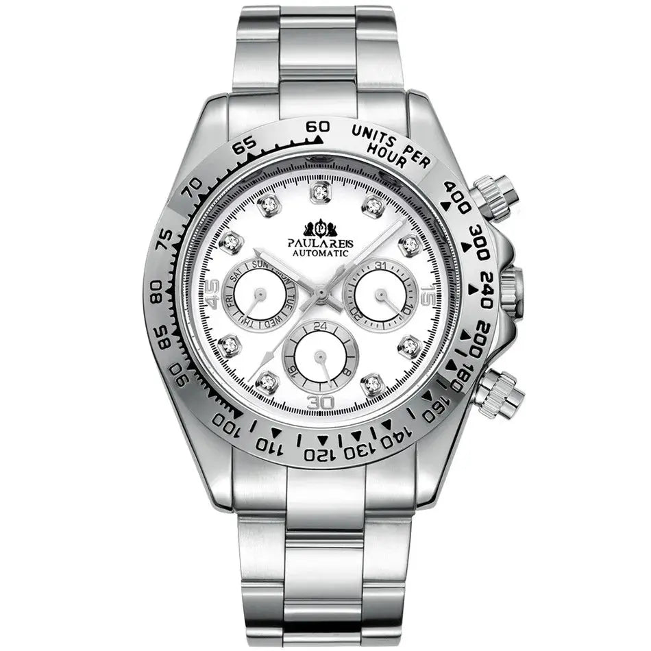 Alcom Distribution waterproof stainless steel chronograph watch with white dial and diamond accents