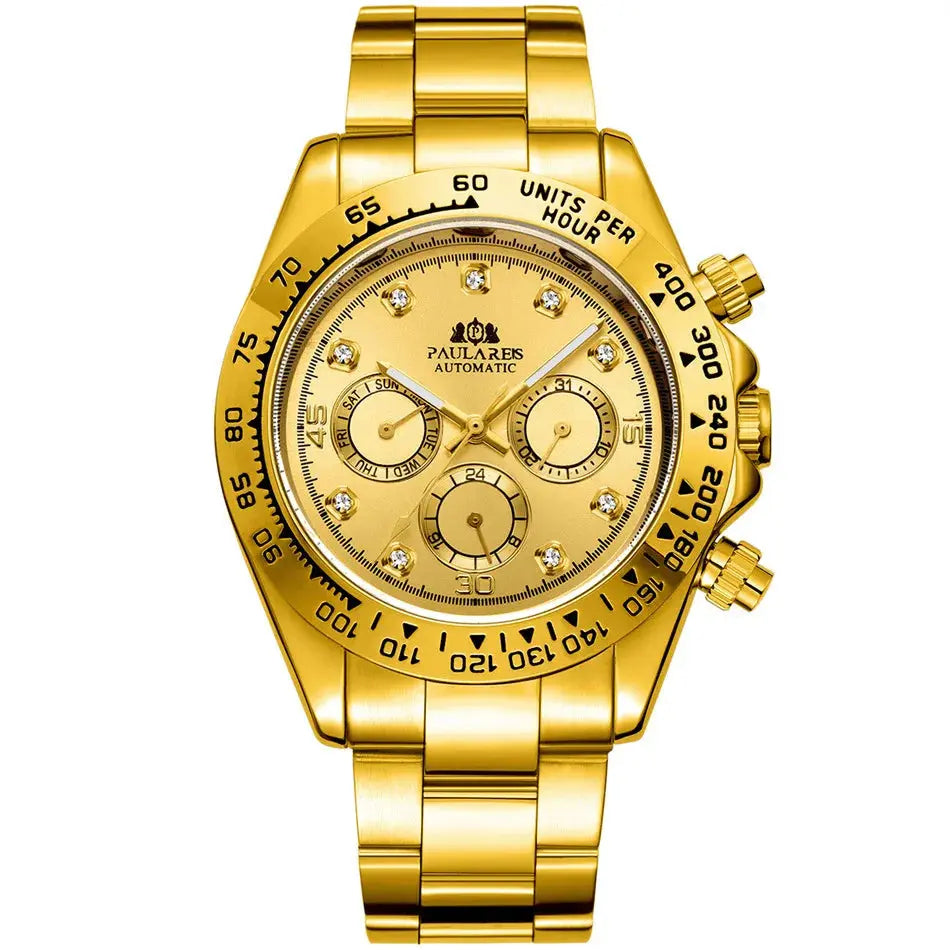Gold automatic stainless steel chronograph watch with diamond accents and waterproof features