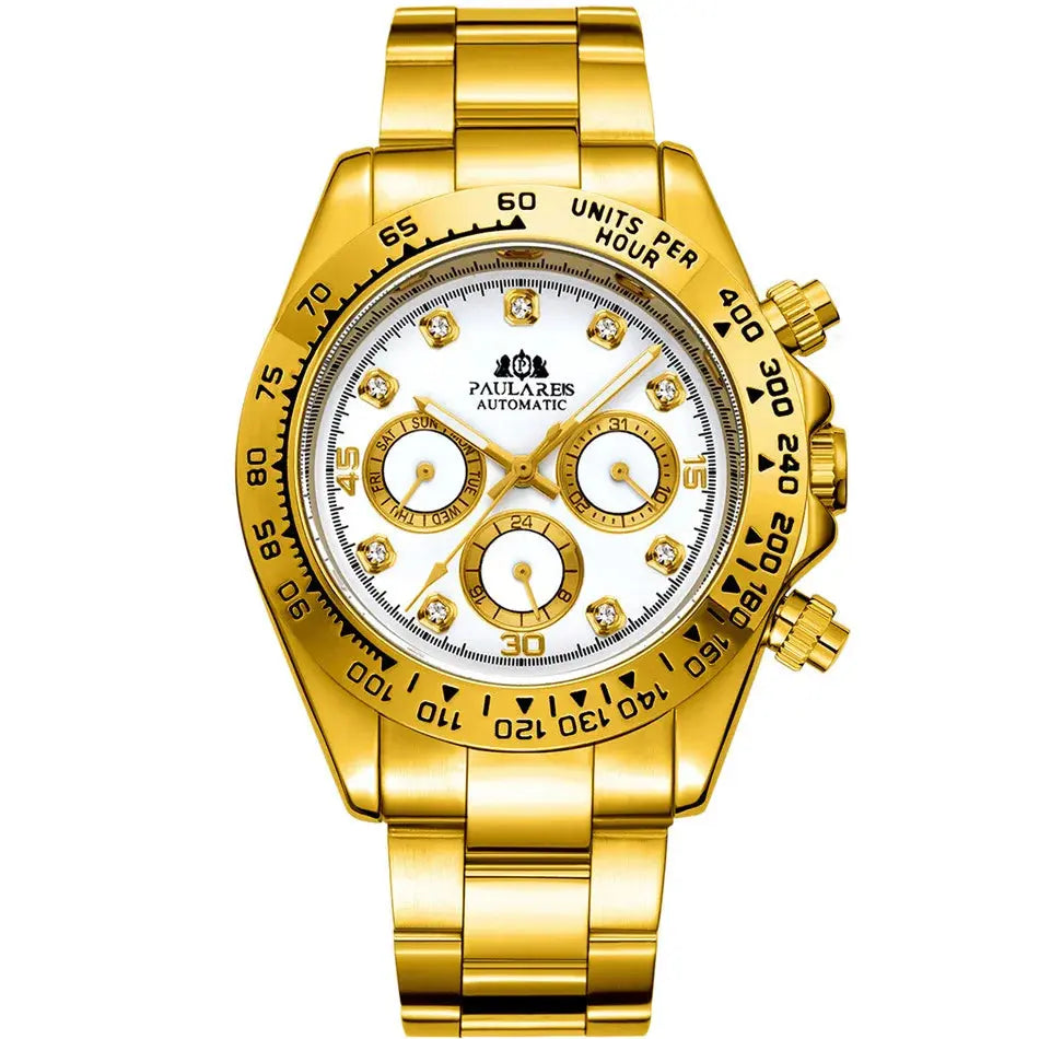 Stylish gold waterproof stainless steel chronograph watch with diamond accents and a white dial