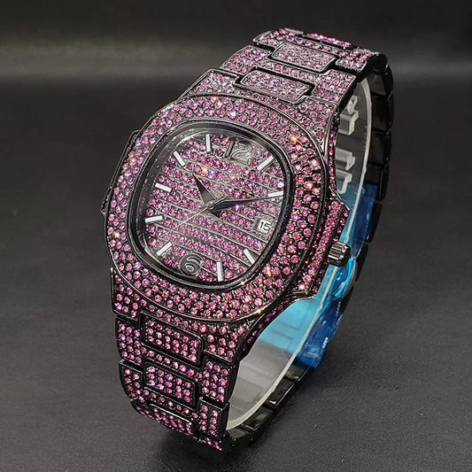 Pink Diamond Hip Hop Watch by Alcom Distribution with full pink crystal band and black casing