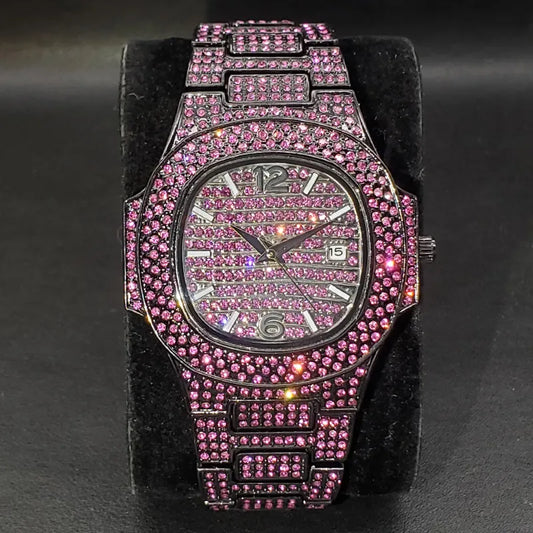 Pink Diamond Hip Hop Watch encrusted with sparkling pink stones on black cushion
