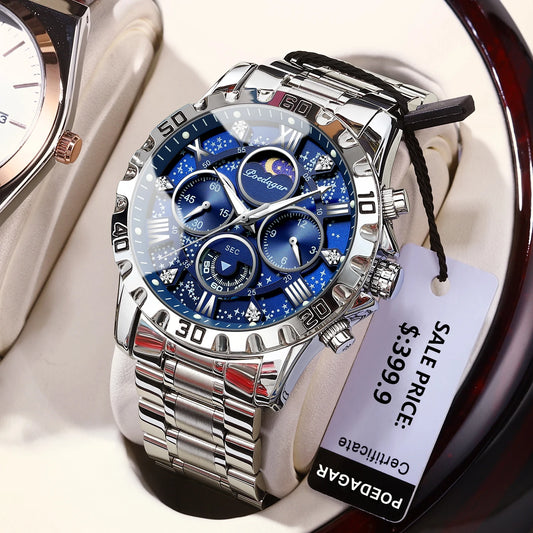 Fashionable men's luxury watch with blue dial and silver metal band by Alcom Distribution