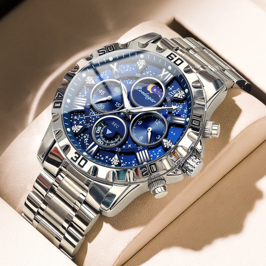 Fashionable men's luxury watch by Alcom Distribution with blue starry dial and silver metal strap