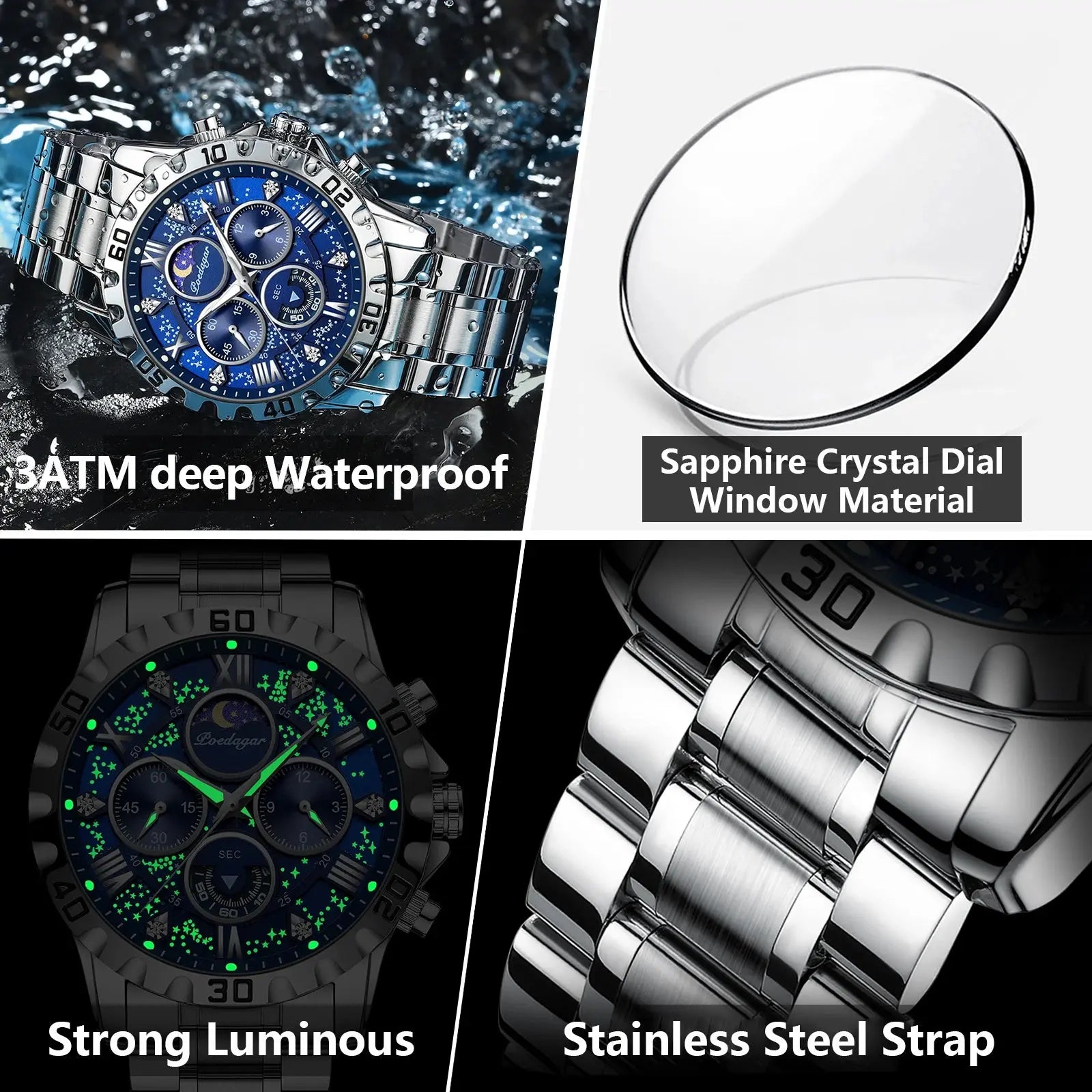 Fashionable men's luxury watch by Alcom Distribution with waterproof feature and stainless steel strap
