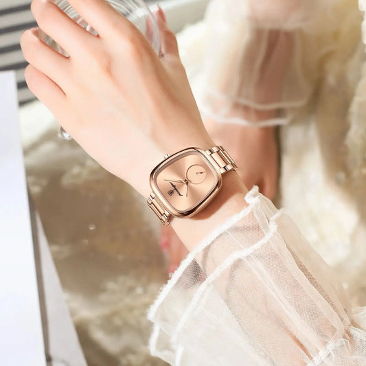 Fashionable quartz timepiece for women with rose gold square dial and metal link band by Alcom Distribution