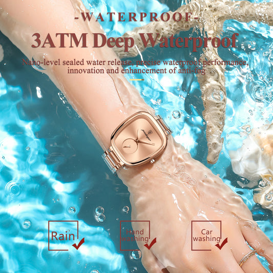 Fashionable quartz timepiece for women by Alcom Distribution waterproof with rose gold band and square dial in water