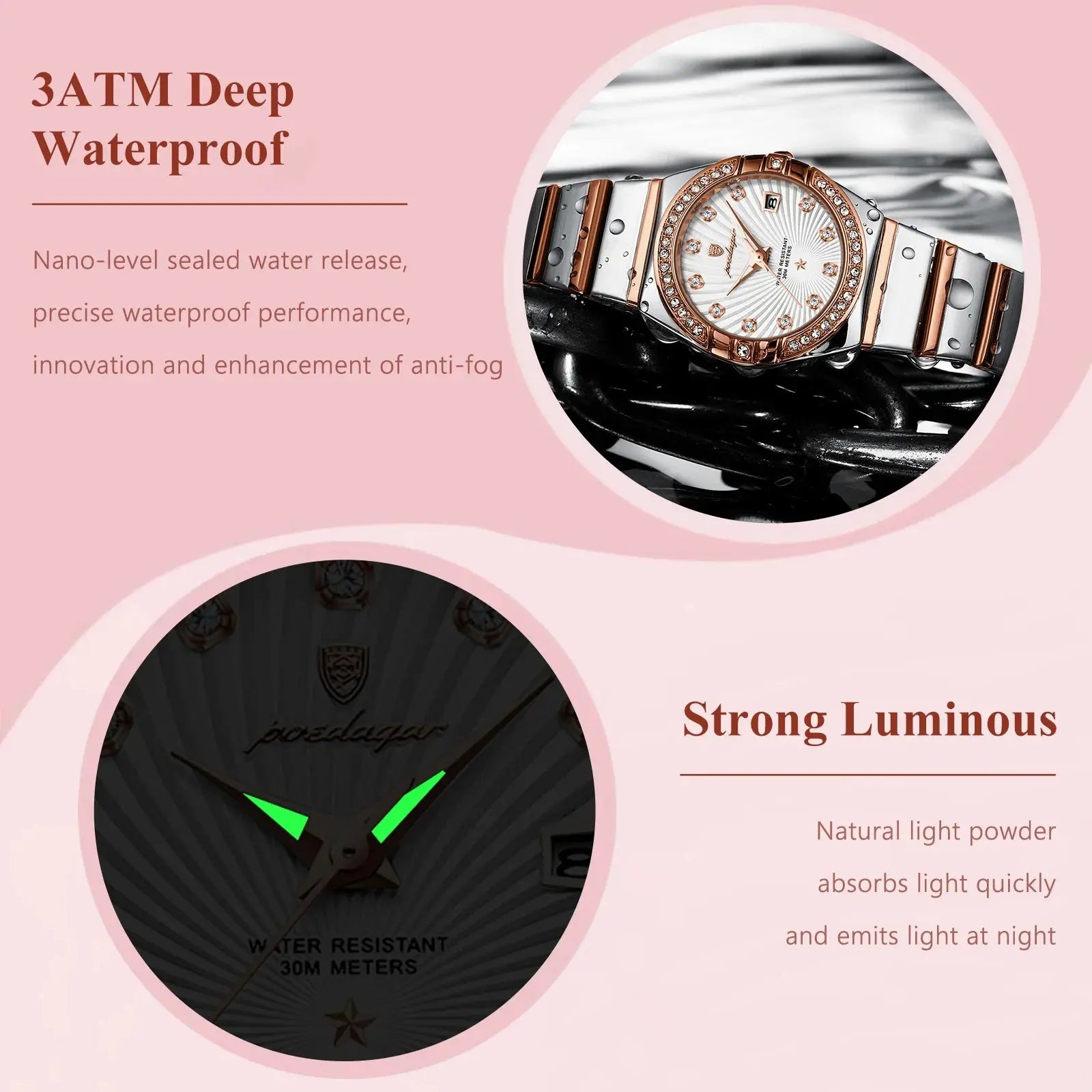 Alcom Distribution luxury quartz watch for women with 3ATM waterproof and strong luminous features