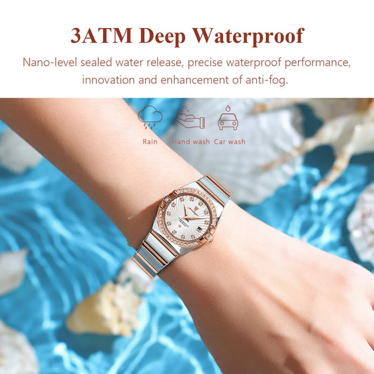 Luxury quartz watch for women by Alcom Distribution with 3ATM deep waterproof and anti-fog features