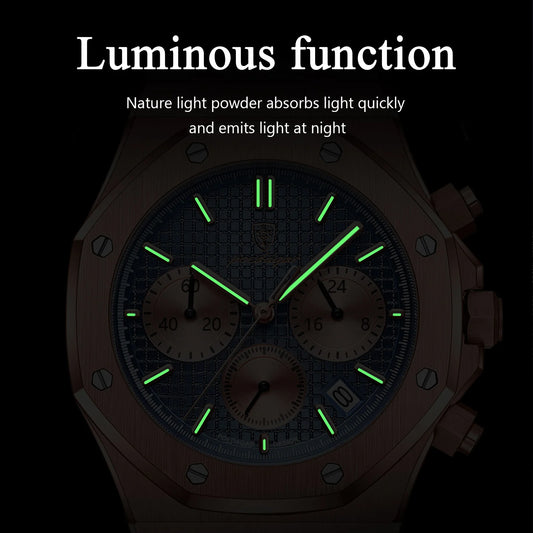 Alcom Distribution men's quartz chronograph watch with luminous green hands and markers and three subdials