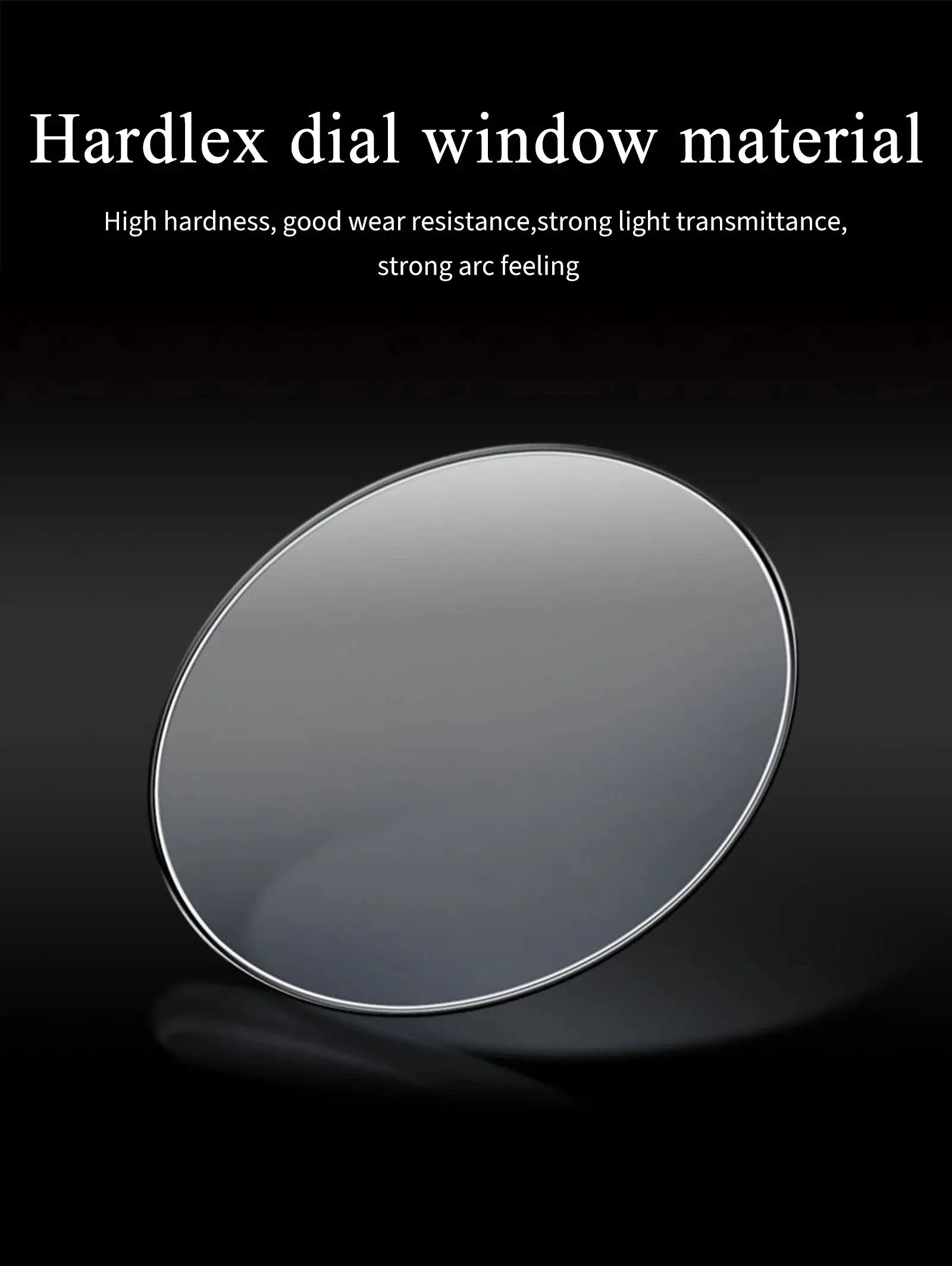 Hardlex dial window crystal lens for men's quartz chronograph watch displayed on black background