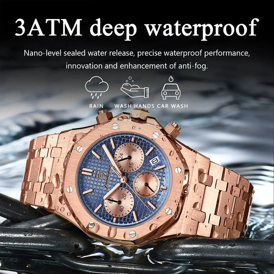 Alcom Distribution rose gold men's quartz chronograph watch with blue textured dial and 3ATM waterproof