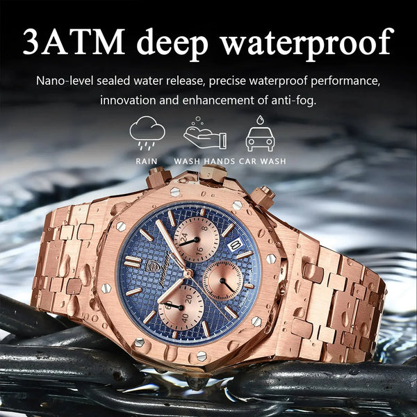 Alcom Distribution rose gold men's quartz chronograph watch with blue textured dial and 3ATM waterproof