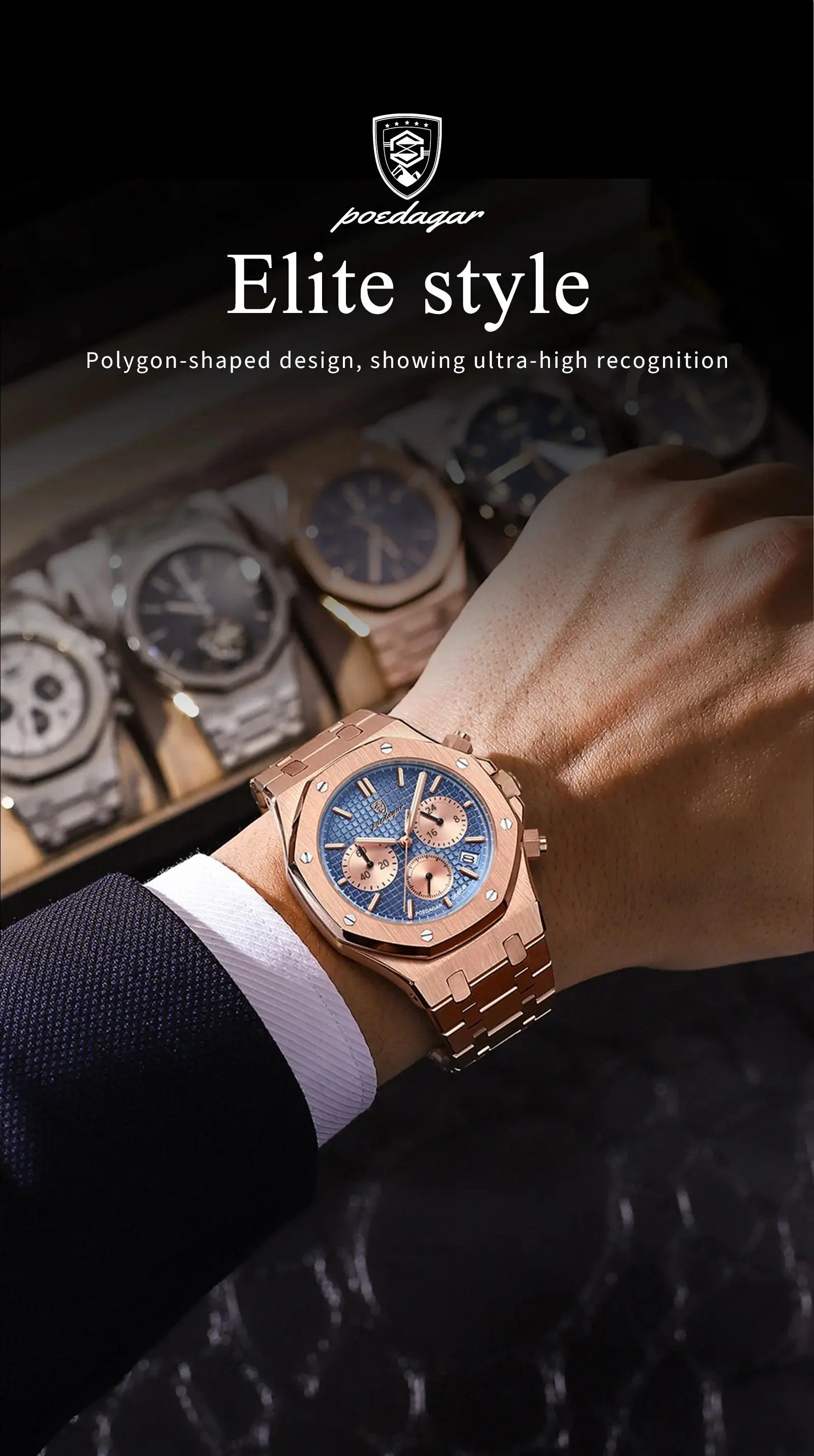 Alcom Distribution men's quartz chronograph watch rose gold case blue dial on wrist with polygon design