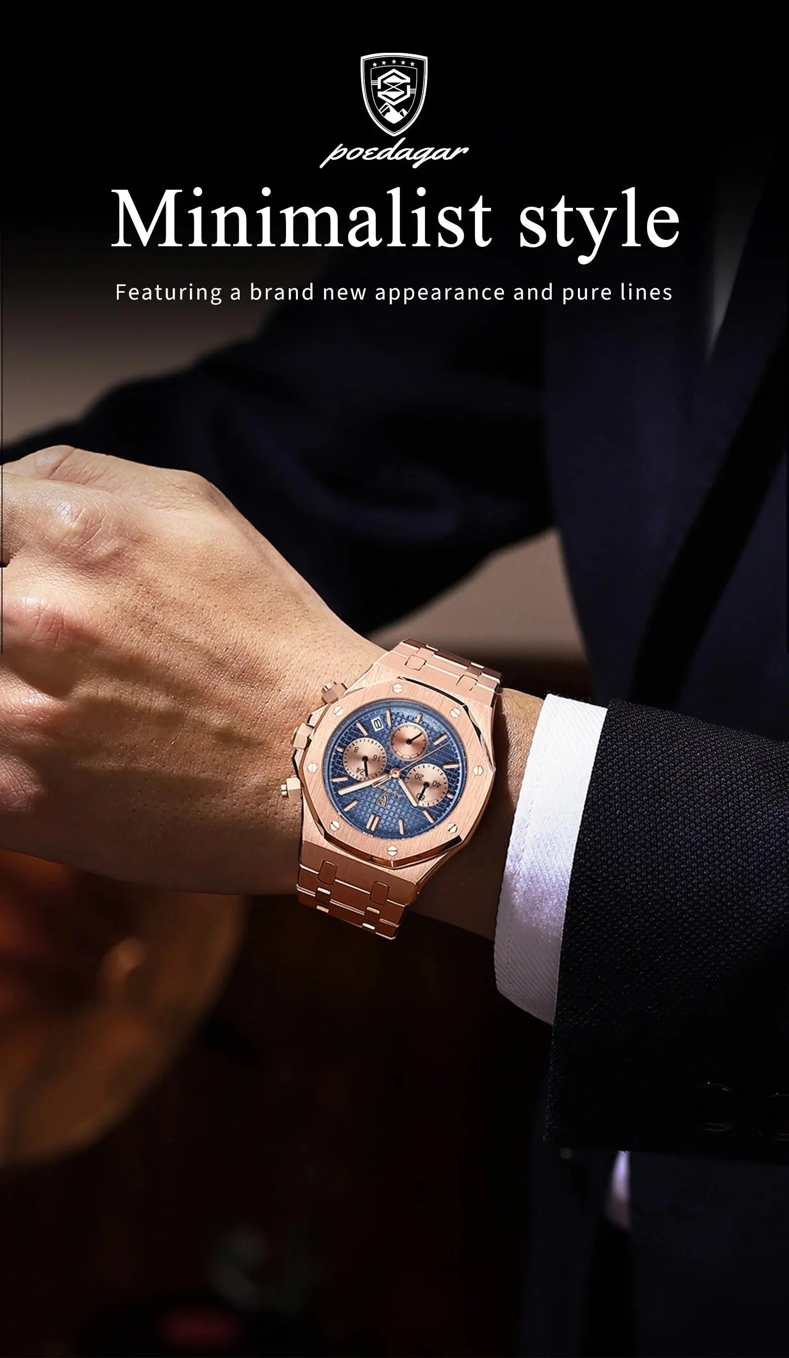 Rose gold bracelet men's quartz chronograph watch with blue dial and three subdials worn with suit