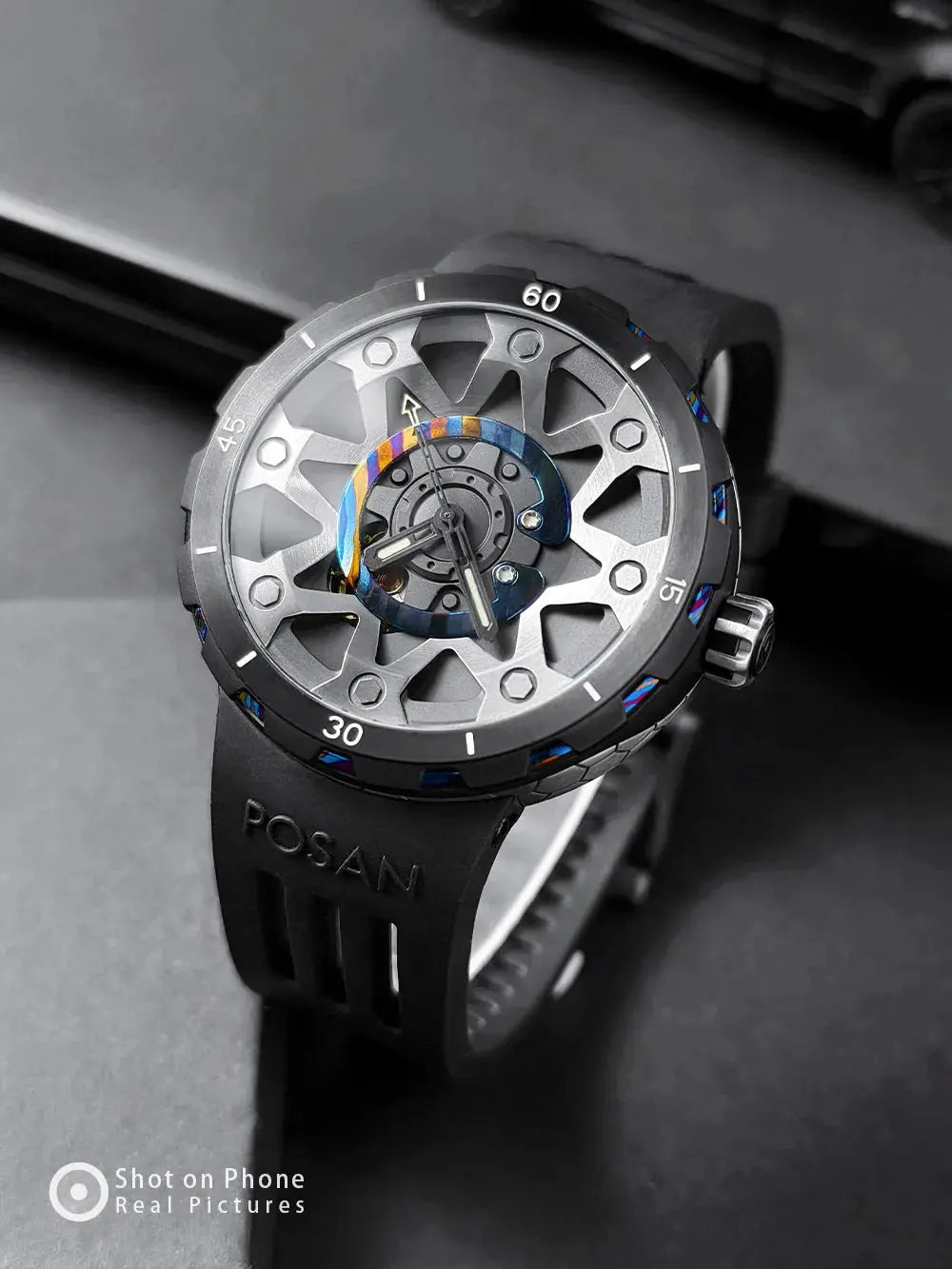 Timascus automatic watch with a modern skeleton dial and black silicone strap