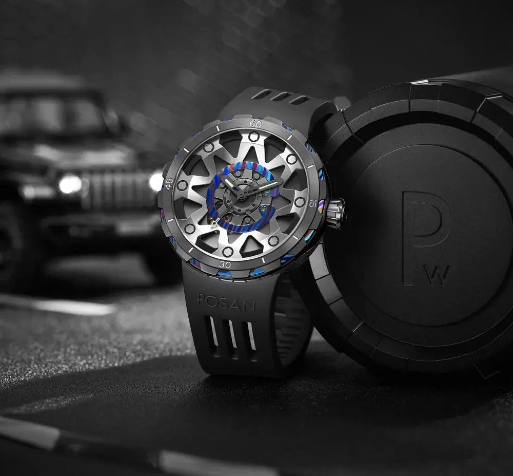 Timascus automatic watch with black rubber strap and unique skeleton dial