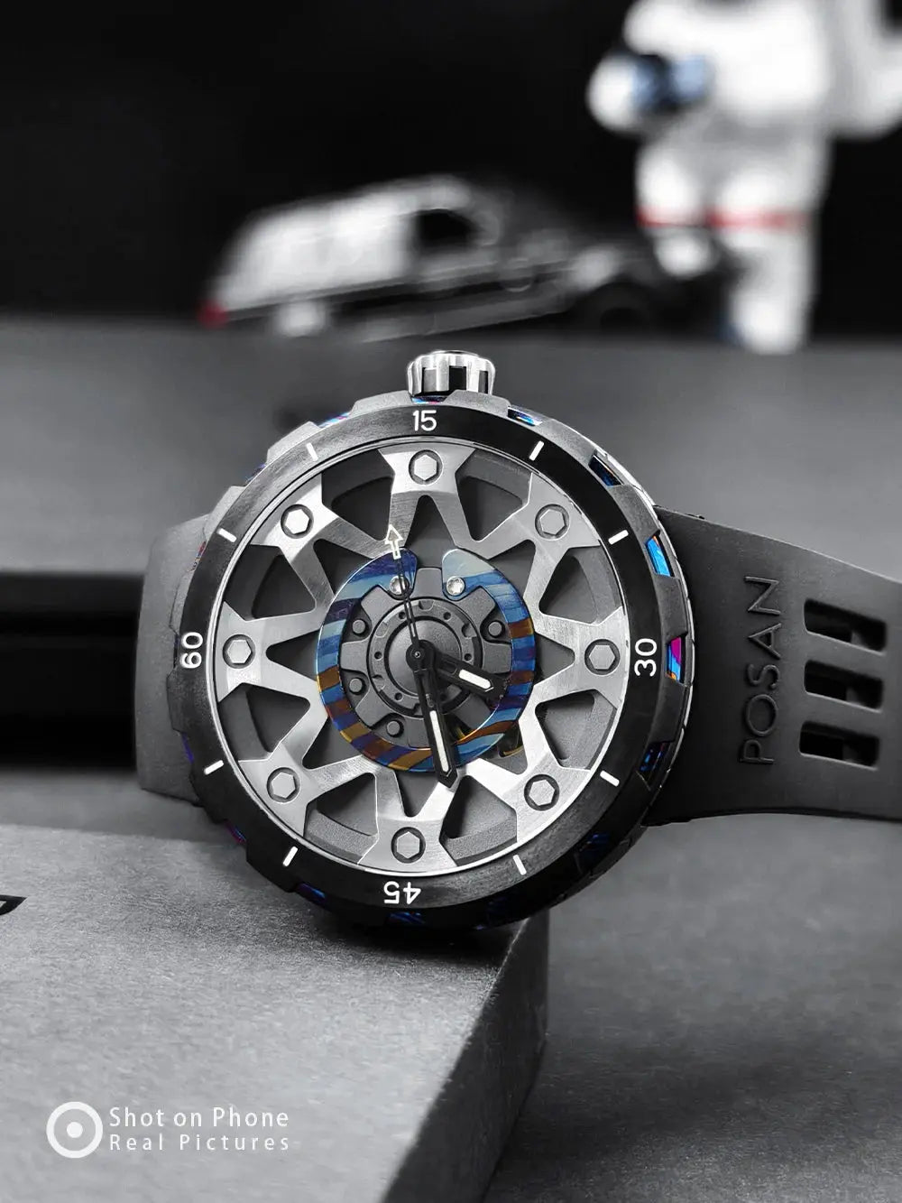 Timascus automatic watch with black and silver design and rubber strap
